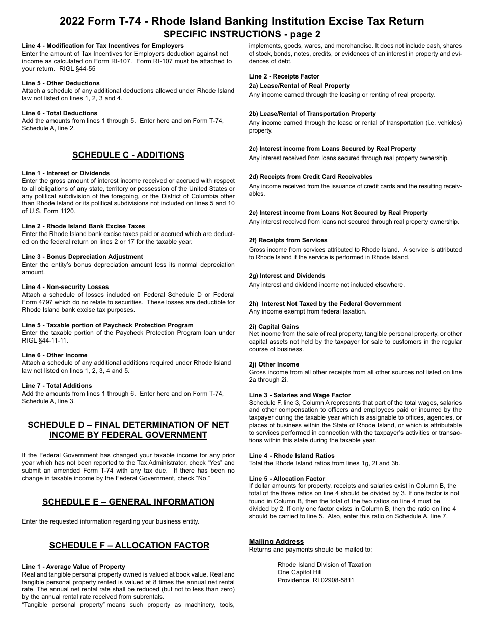 Instructions for Form T-74 Banking Institution Excise Tax Return - Rhode Island, Page 2