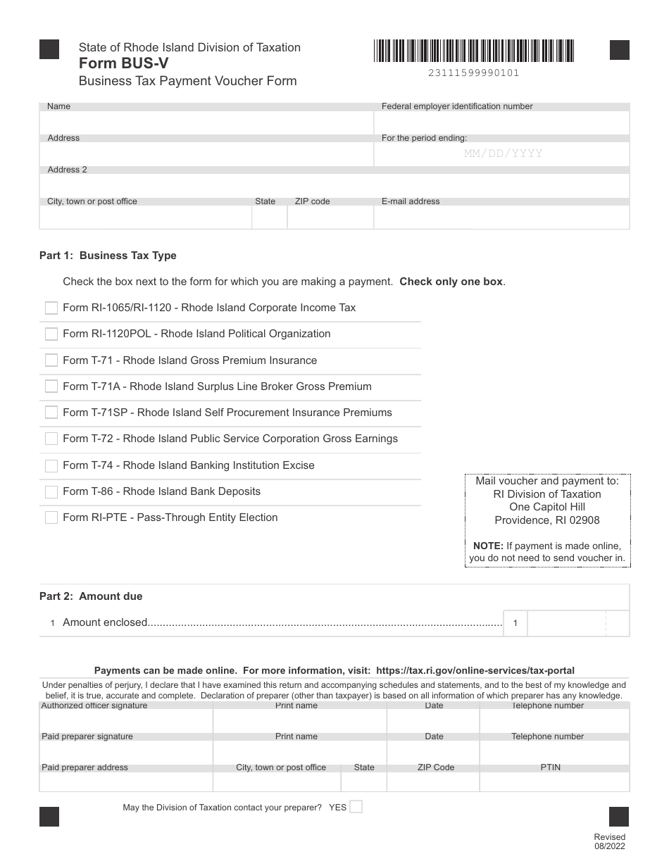 Form BUS-V Business Tax Payment Voucher Form - Rhode Island, Page 1