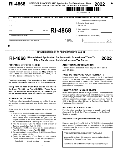 Form RI-4868 Application for Automatic Extension of Time to File Rhode Island Individual Income Tax Return - Rhode Island, 2022