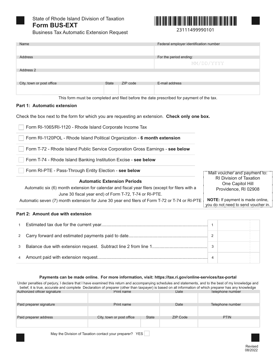 Form BUS-EXT - Fill Out, Sign Online and Download Fillable PDF, Rhode ...