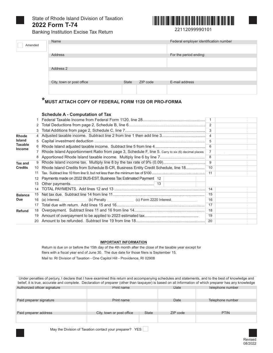 Form T-74 Banking Institution Excise Tax Return - Rhode Island, Page 1
