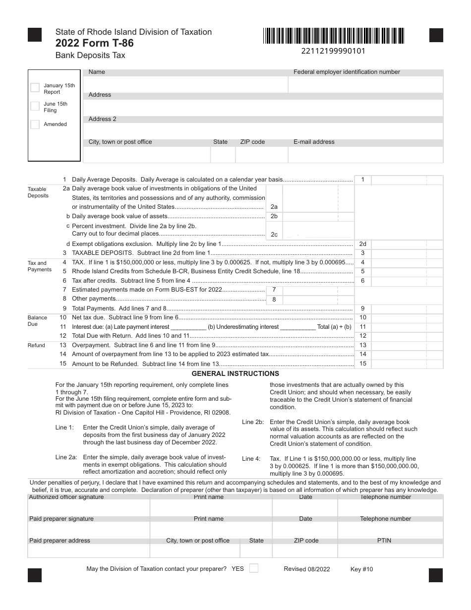 Form T-86 Bank Deposits Tax - Rhode Island, Page 1