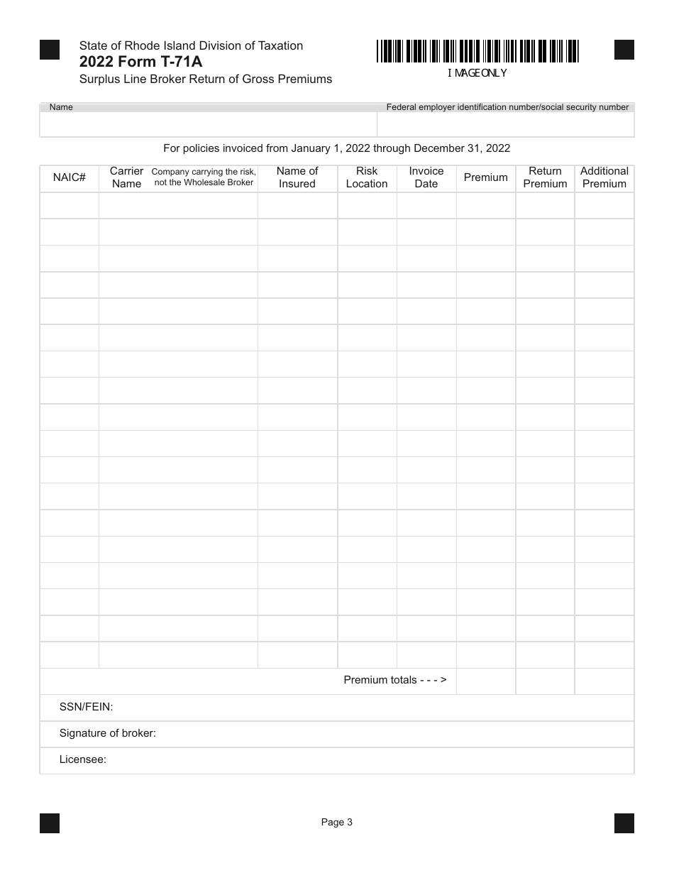 Form T-71A Surplus Line Broker Return of Gross Premiums - Rhode Island, Page 3