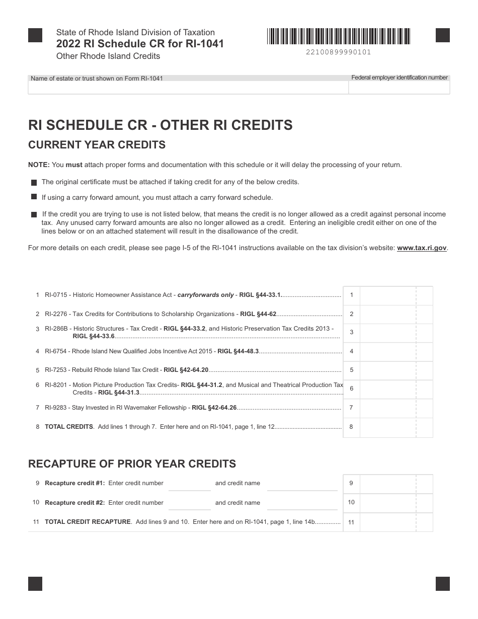 Form RI-1041 Schedule CR Other Rhode Island Credits - Rhode Island, Page 1