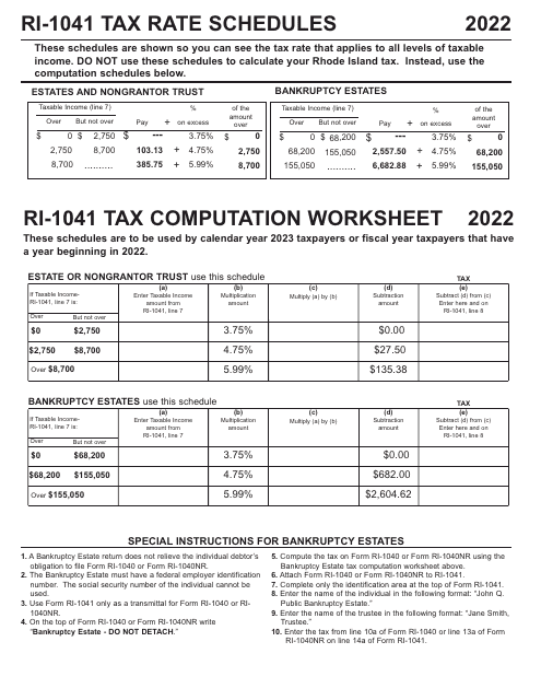 Ri-1041 Tax Rate Worksheet and Schedules - Rhode Island Download Pdf
