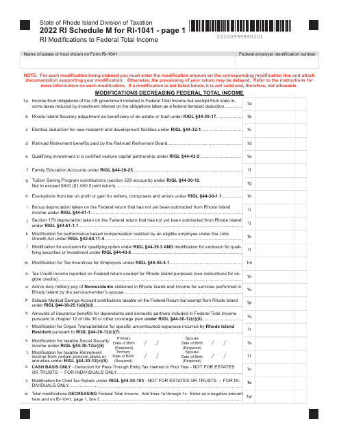 Form RI-1041 Schedule M 2022 Printable Pdf