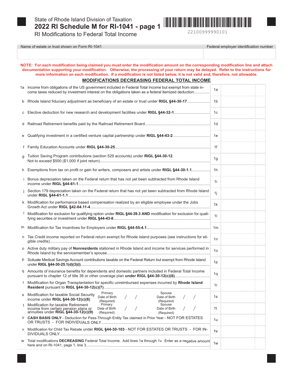 Form RI-1041 Schedule M Ri(modifications to Federal Total Income - Rhode Island, Page 1