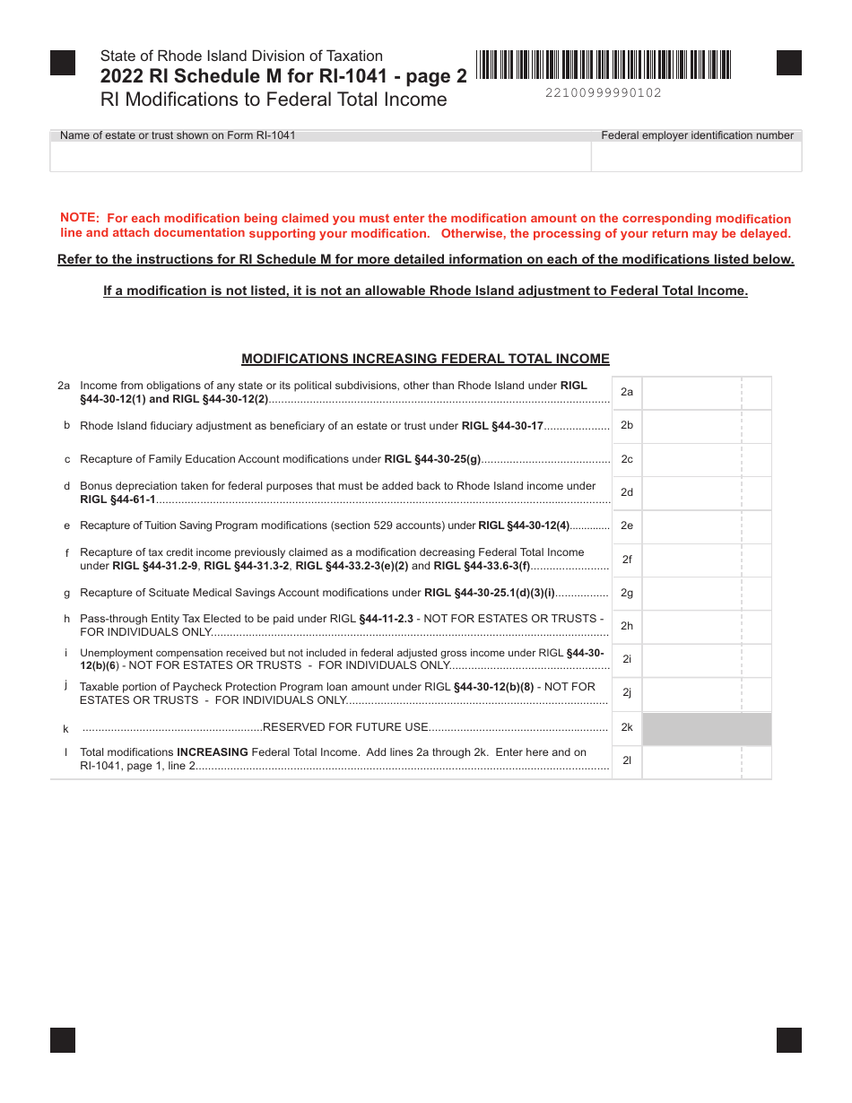 Form RI-1041 Schedule M Ri(modifications to Federal Total Income - Rhode Island, Page 2