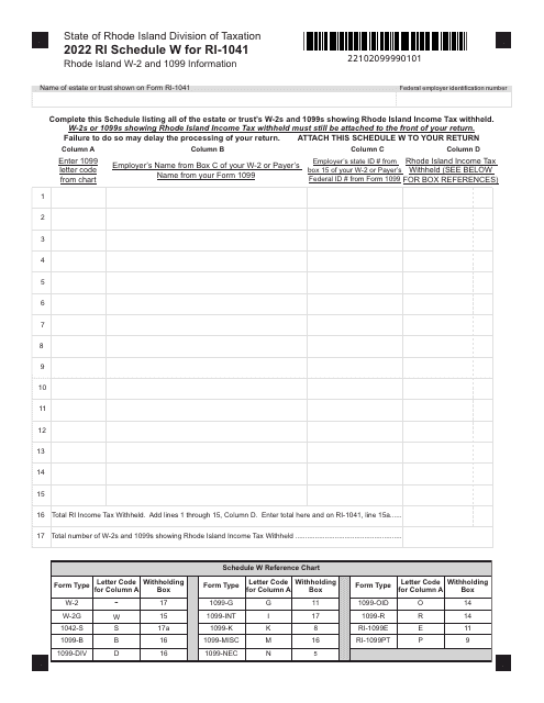 Form RI-1041 Schedule W 2022 Printable Pdf