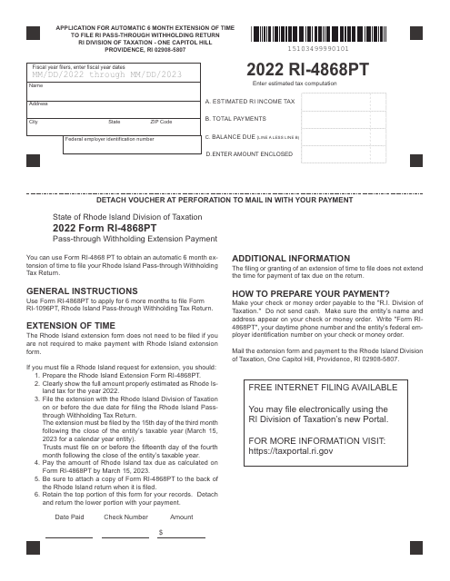 Form RI-4868PT Pass-Through Withholding Extension Payment - Rhode Island, 2022