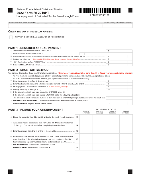 Form RI-2210PT Underpayment of Estimated Tax by Pass-Through Filers - Rhode Island, 2022