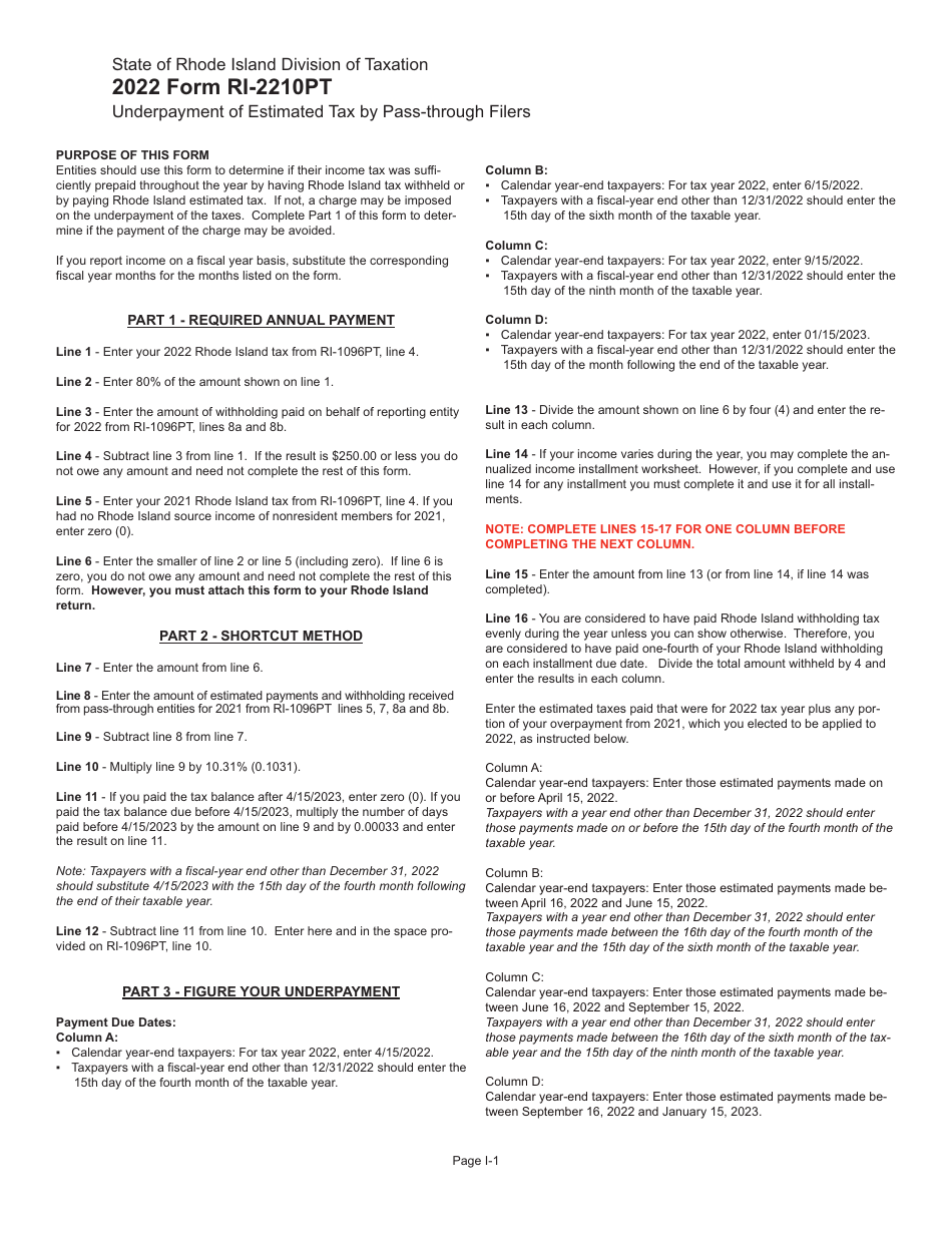 Form RI-2210PT Underpayment of Estimated Tax by Pass-Through Filers - Rhode Island, Page 3