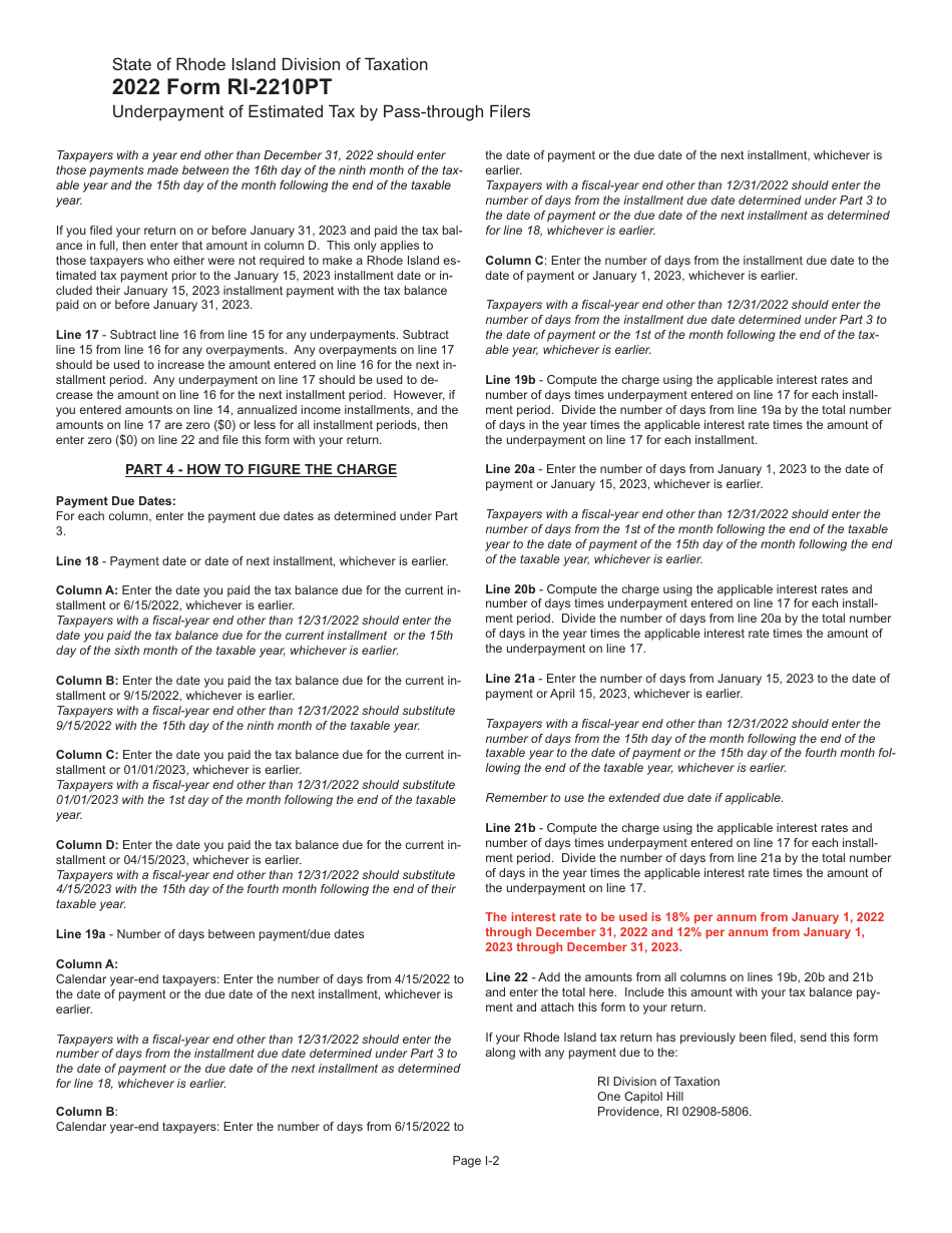 Form RI-2210PT Underpayment of Estimated Tax by Pass-Through Filers - Rhode Island, Page 4