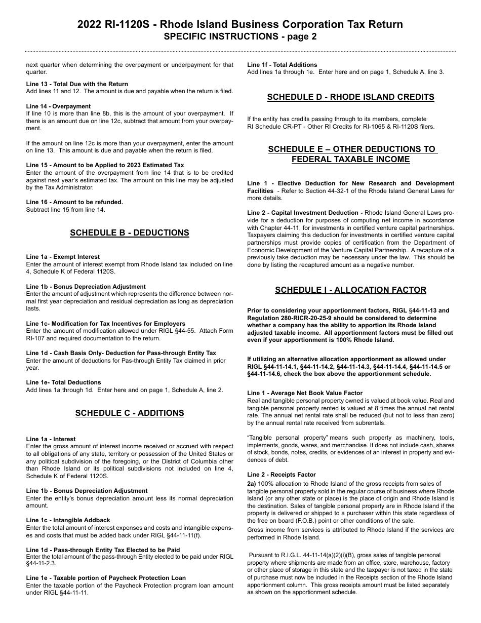 Instructions for Form RI-1120S Rhode Island Business Corporation Tax Return - Rhode Island, Page 2