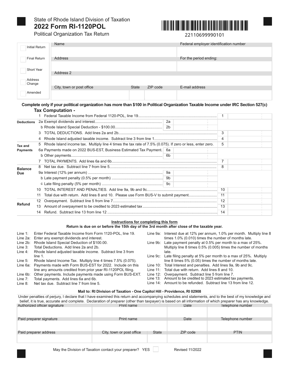 Form RI-1120POL Political Organization Tax Return - Rhode Island, Page 1