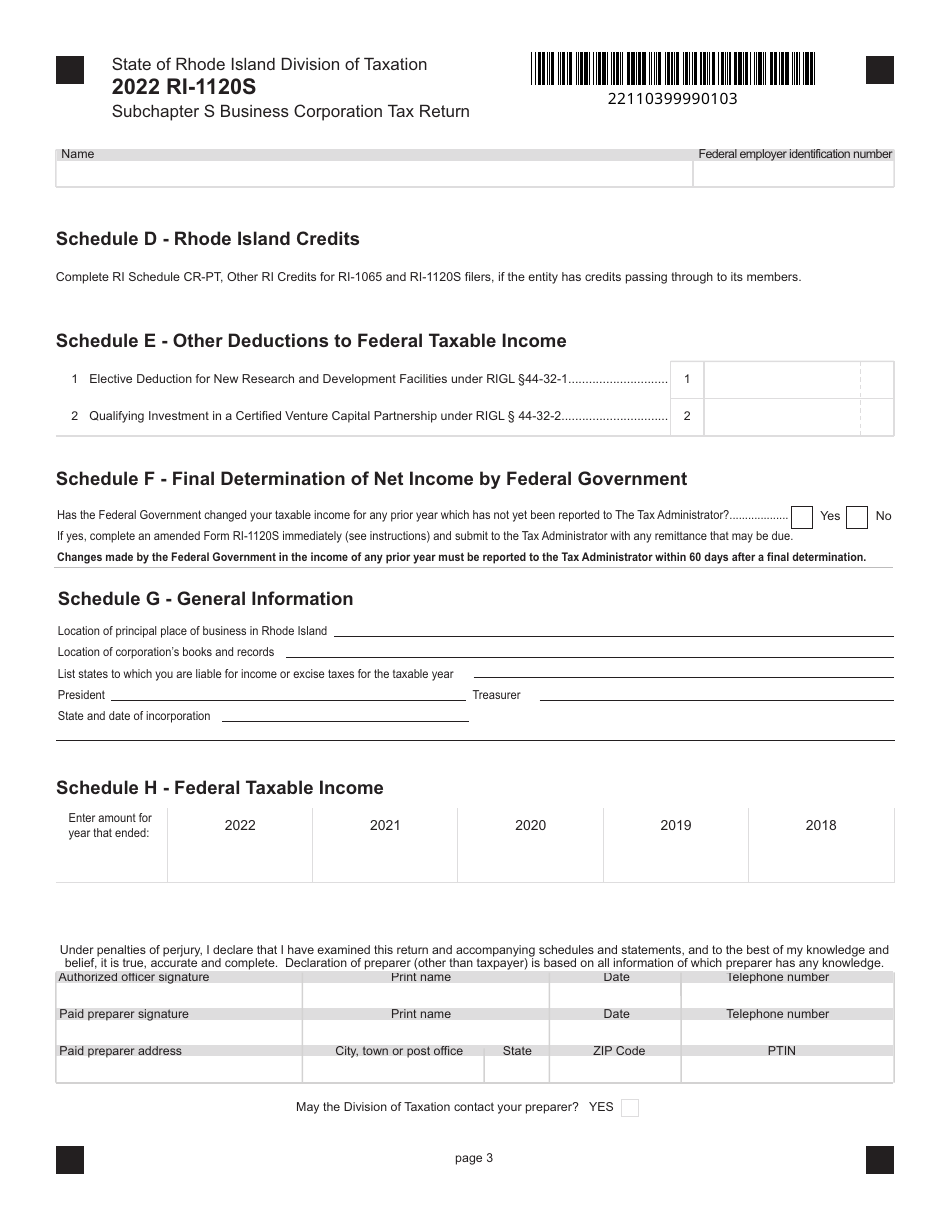 Form RI-1120S Subchapter S Business Corporation Tax Return - Rhode Island, Page 3