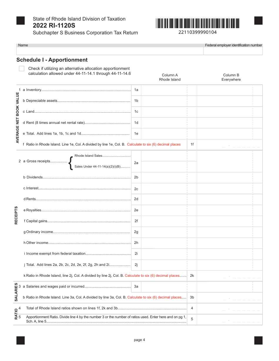 Form RI-1120S Subchapter S Business Corporation Tax Return - Rhode Island, Page 4