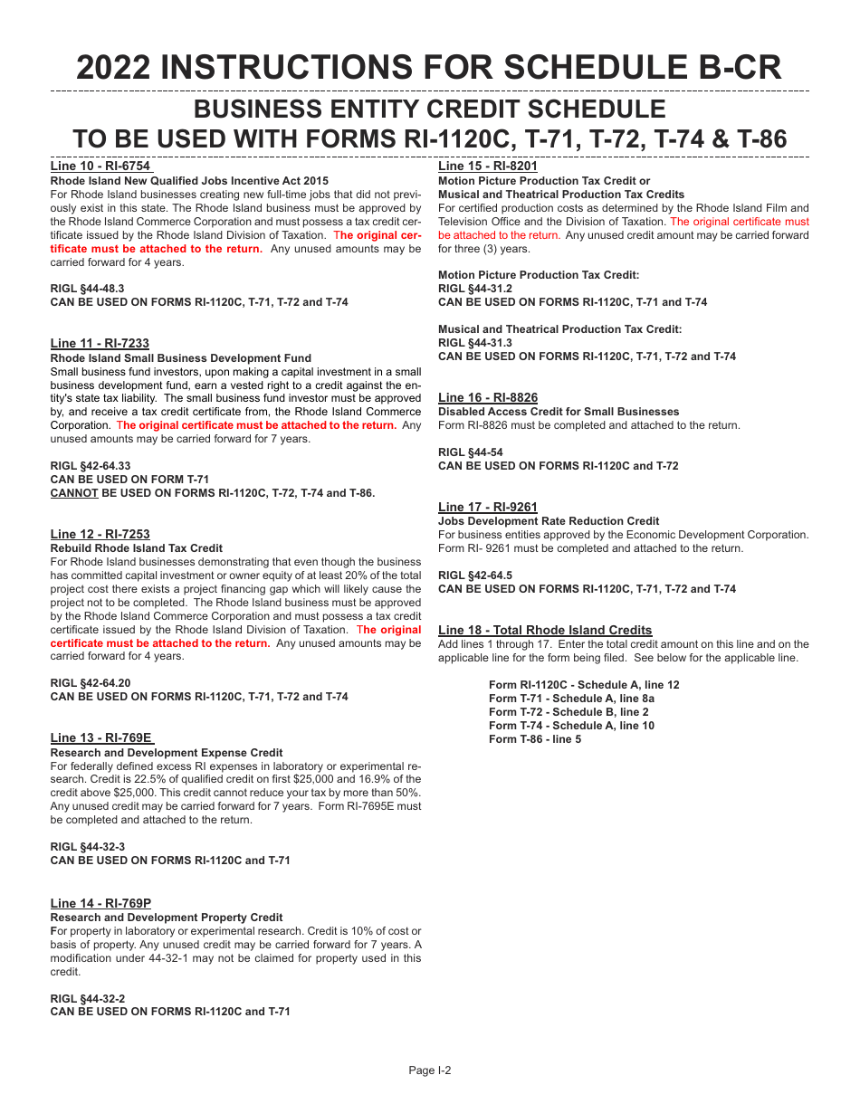 Instructions for Schedule B-CR Business Entity Credit Schedule - Rhode Island, Page 2
