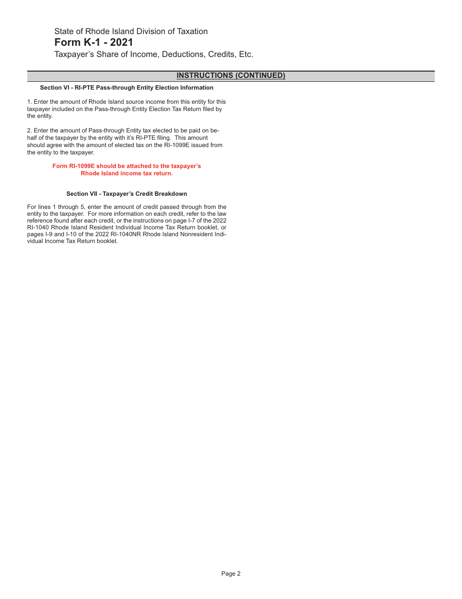 Instructions for Form K-1 Taxpayers Share of Income, Deductions, Credits, Etc. - Rhode Island, Page 2