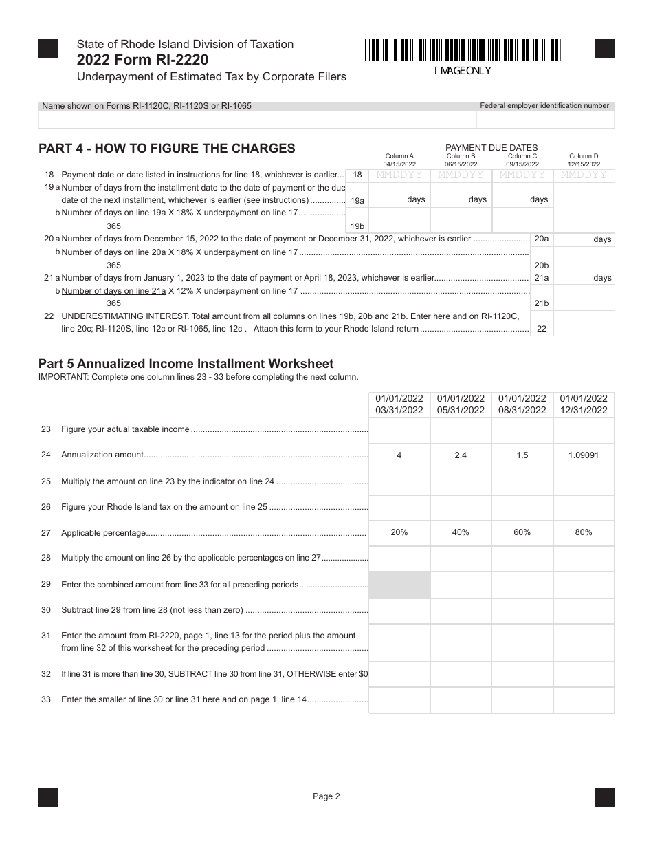 Form RI-2220 Underpayment of Estimated Tax by Corporate Filers - Rhode Island, Page 2