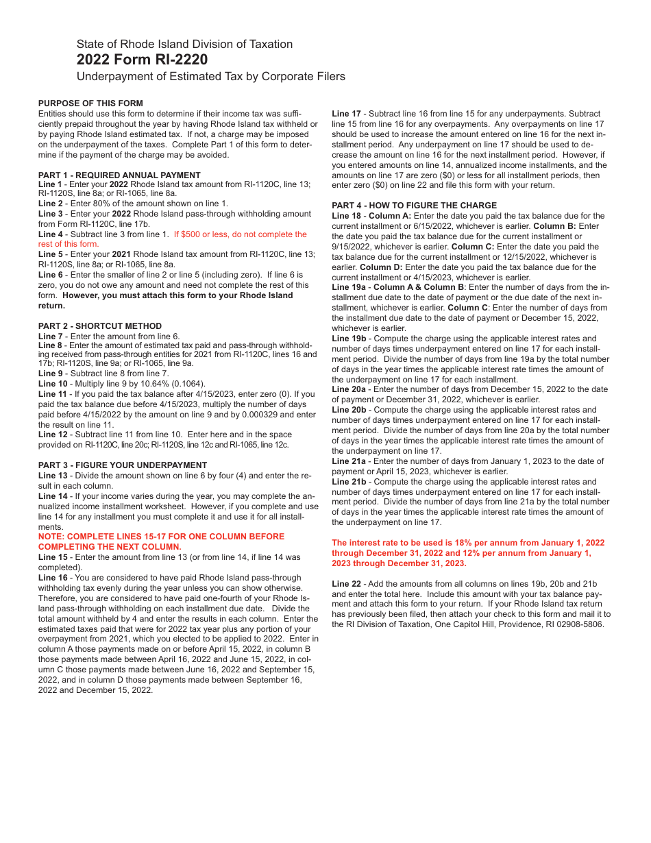 Form RI-2220 Underpayment of Estimated Tax by Corporate Filers - Rhode Island, Page 3