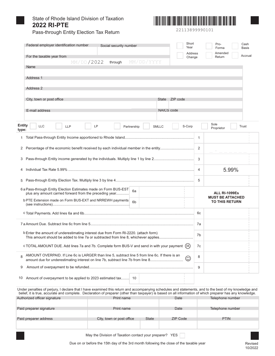 Form RI-PTE Pass-Through Entity Election Tax Return - Rhode Island, Page 1