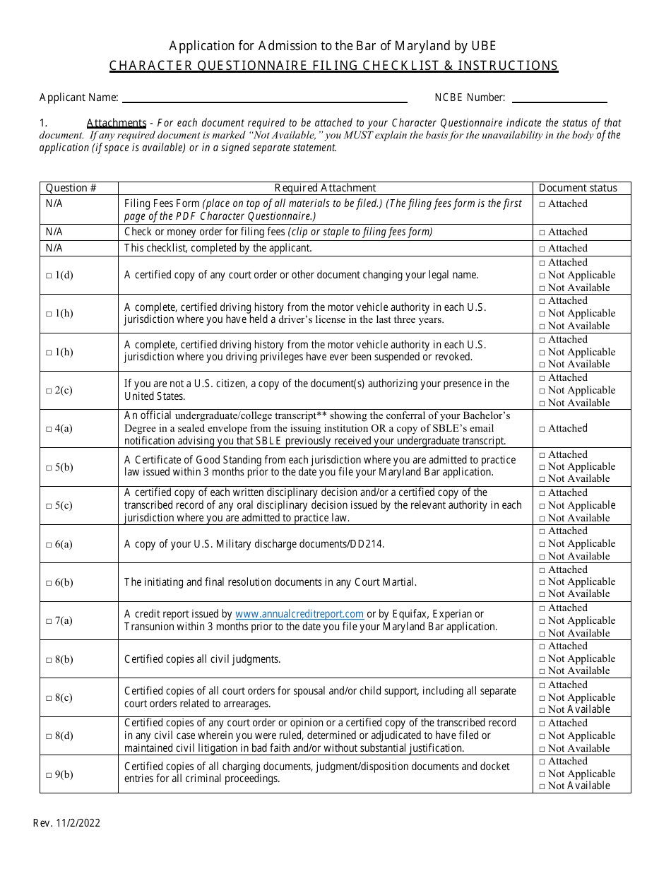Maryland Application for Admission to the Bar of Maryland by Ube