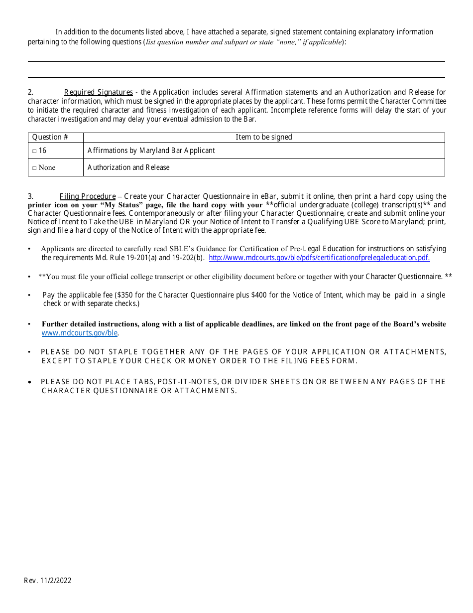Application for Admission to the Bar of Maryland by Ube - Character Questionnaire Filing Checklist - Maryland, Page 2