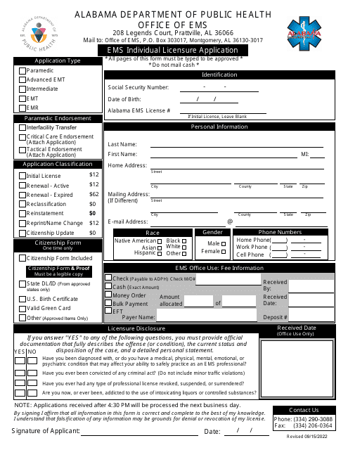 EMS Individual Licensure Application - Alabama Download Pdf