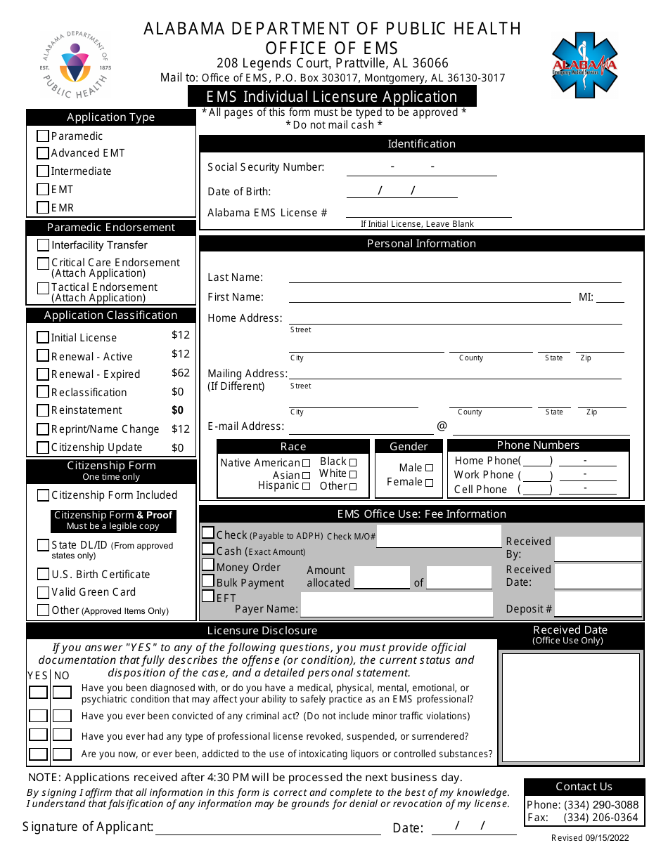 EMS Individual Licensure Application - Alabama, Page 1