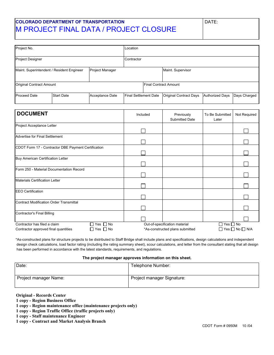 CDOT Form 0950M M Project Final Data / Project Closure - Colorado, Page 1