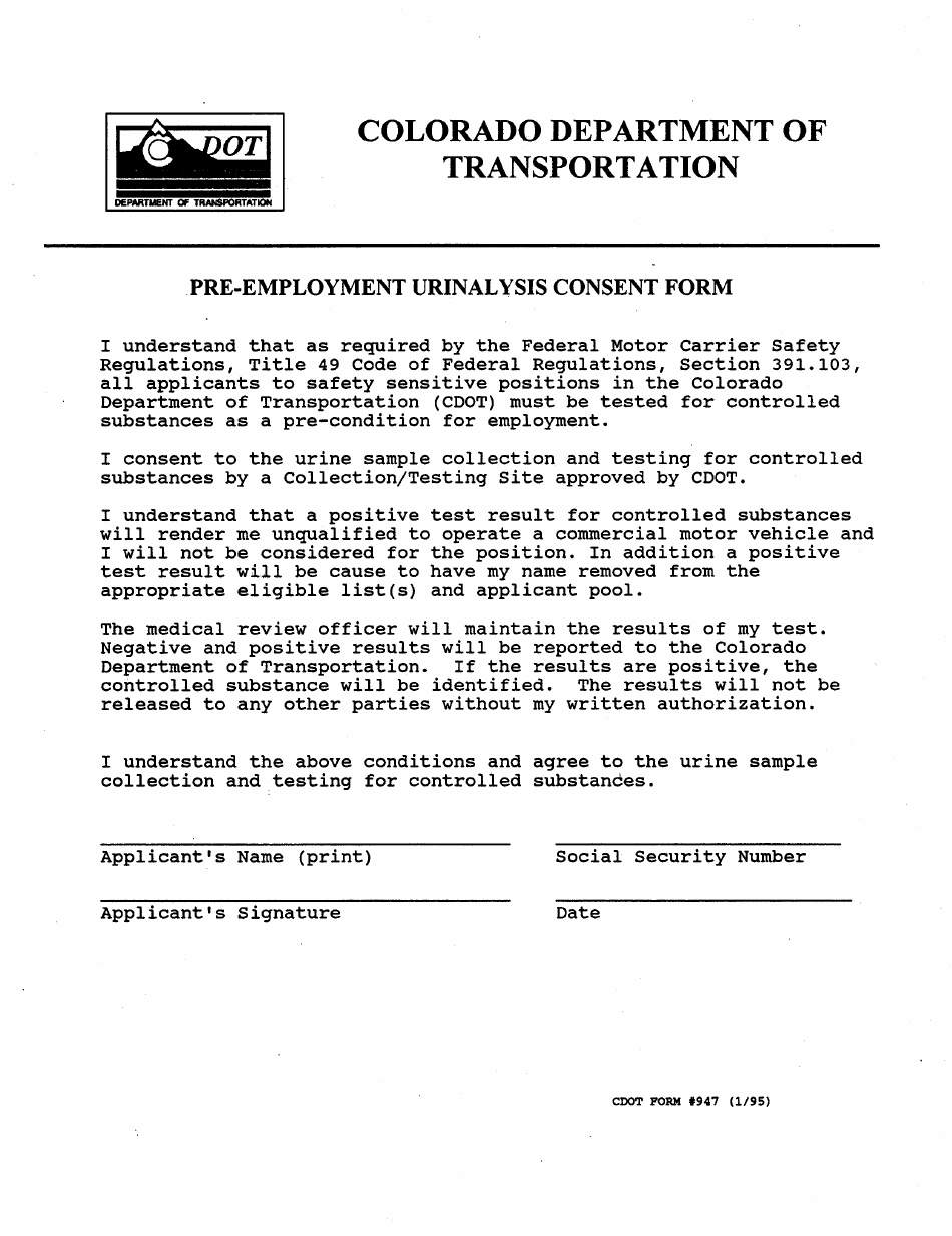 CDOT Form 947 Pre-employment Urinalysis Consent Form - Colorado, Page 1