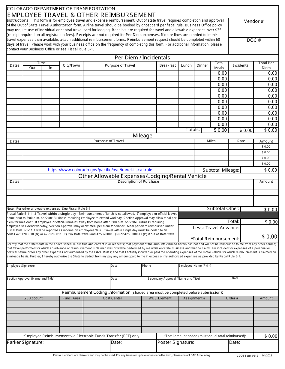 CDOT Form 215 Download Fillable PDF or Fill Online Employee Travel
