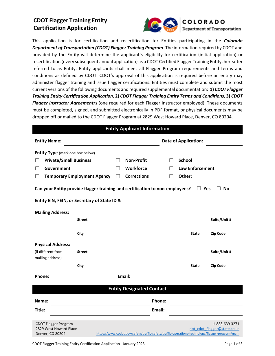 CDOT Flagger Training Entity Certification Application - Colorado, Page 1