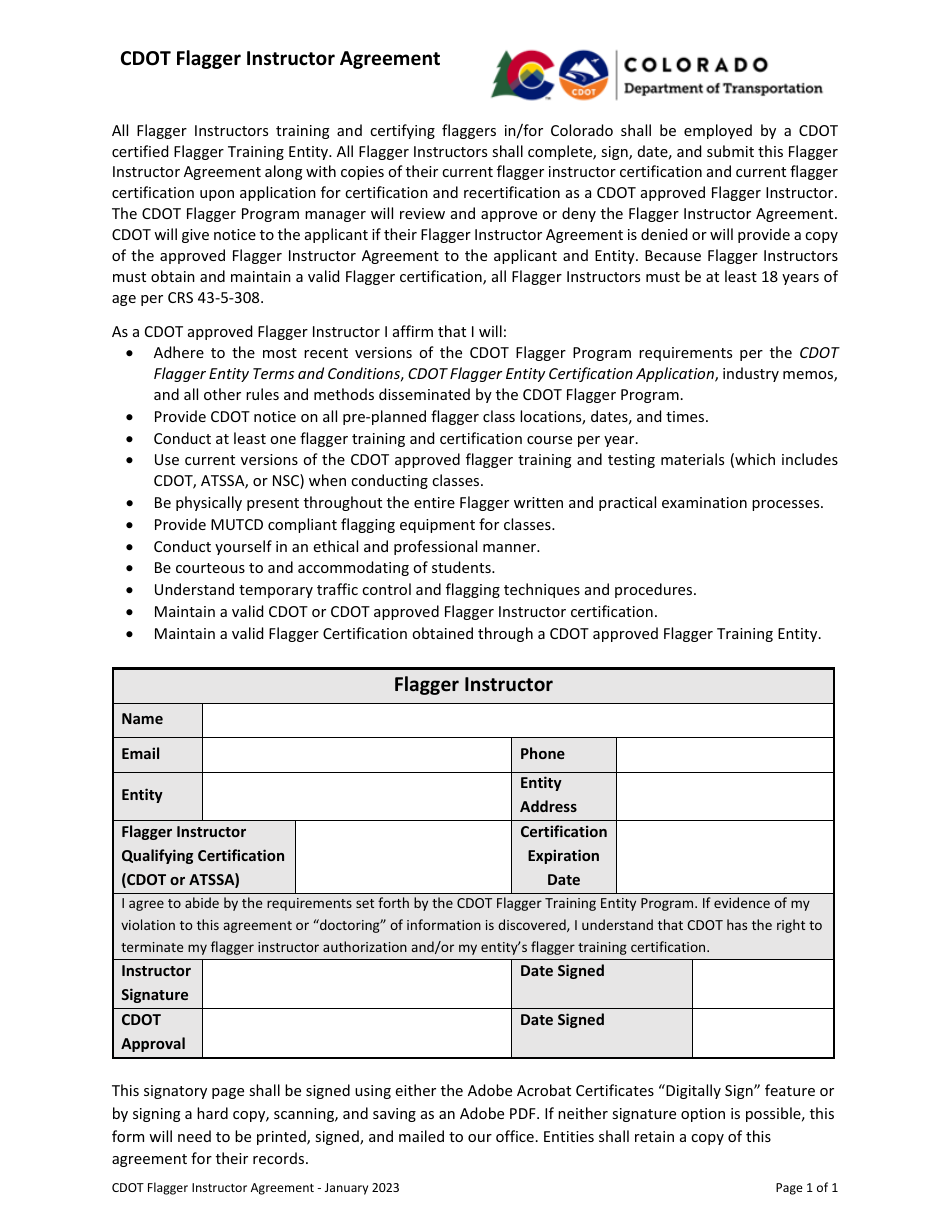 Colorado CDOT Flagger Instructor Agreement Fill Out Sign Online and