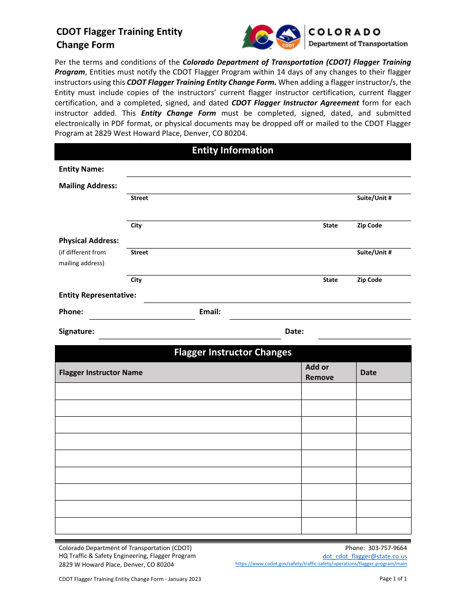 CDOT Flagger Training Entity Change Form - Colorado, Page 1
