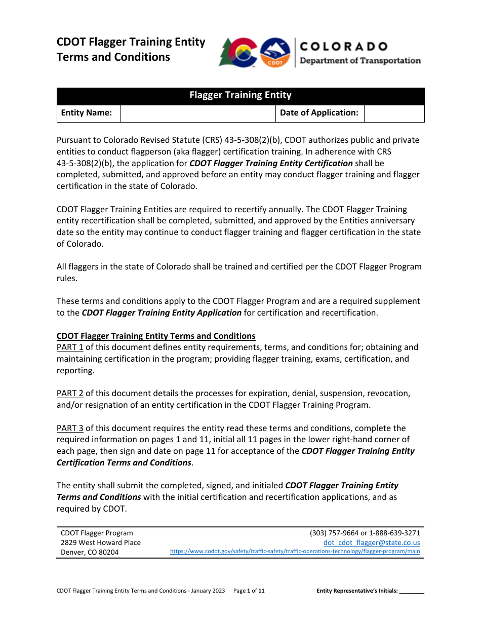 CDOT Flagger Training Entity Terms and Conditions - Colorado, Page 1