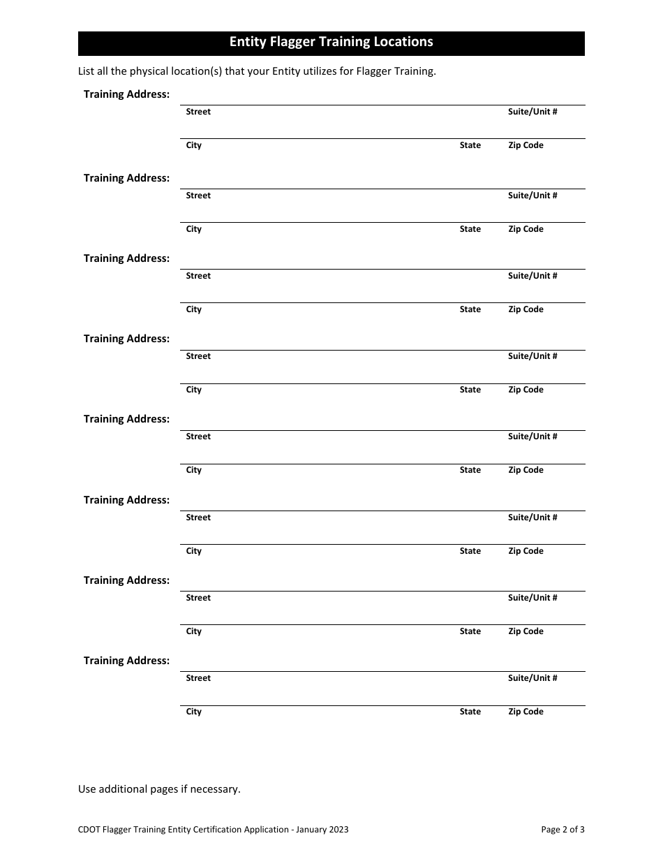 CDOT Flagger Training Entity Certification Application - Extra Page for Additional Training Locations - Colorado, Page 1