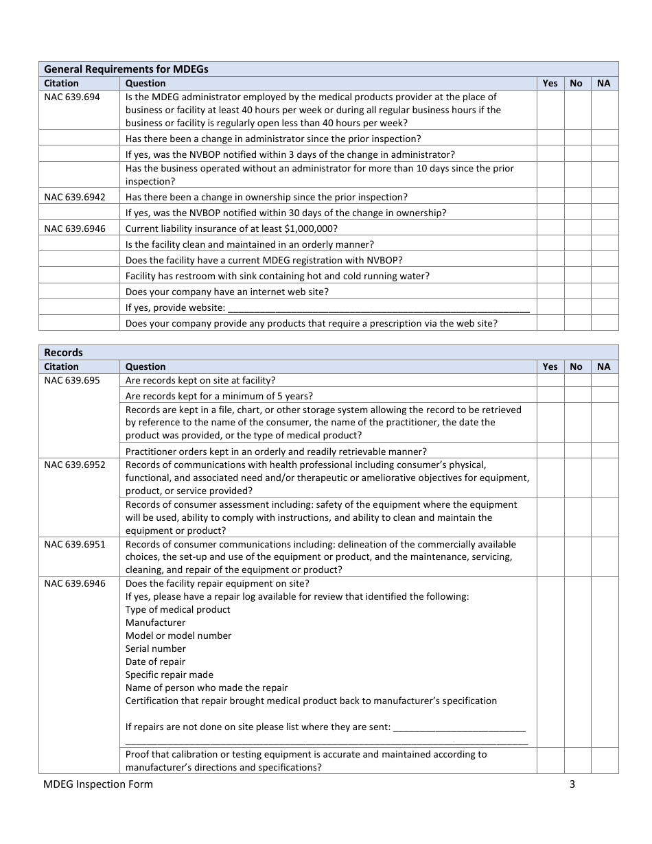 Medical Gases, Equipment and Gases (Mdeg) Inspection Form - Nevada, Page 3