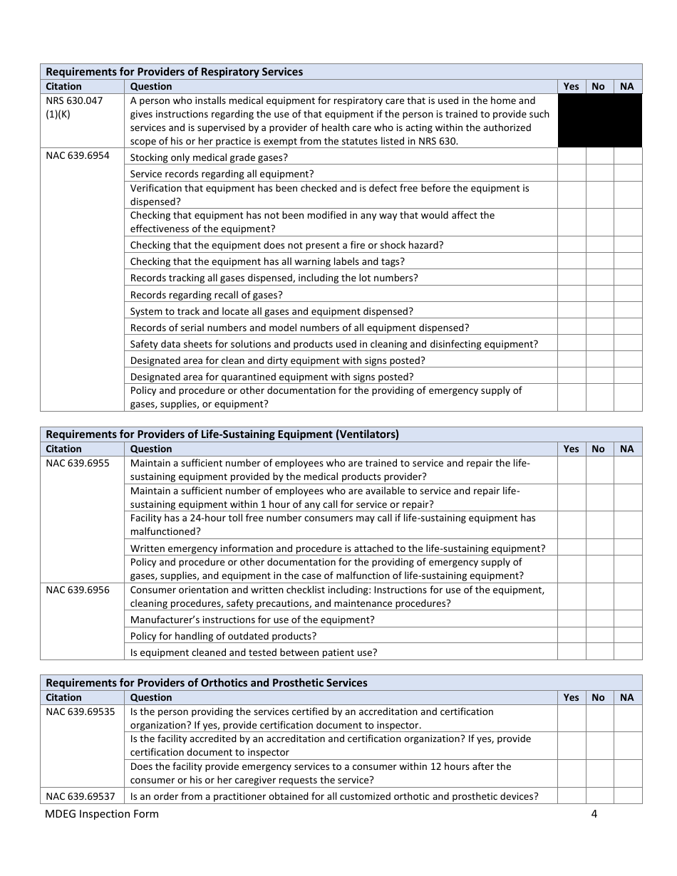 Medical Gases, Equipment and Gases (Mdeg) Inspection Form - Nevada, Page 4