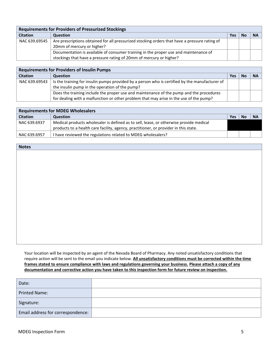 Medical Gases, Equipment and Gases (Mdeg) Inspection Form - Nevada, Page 5