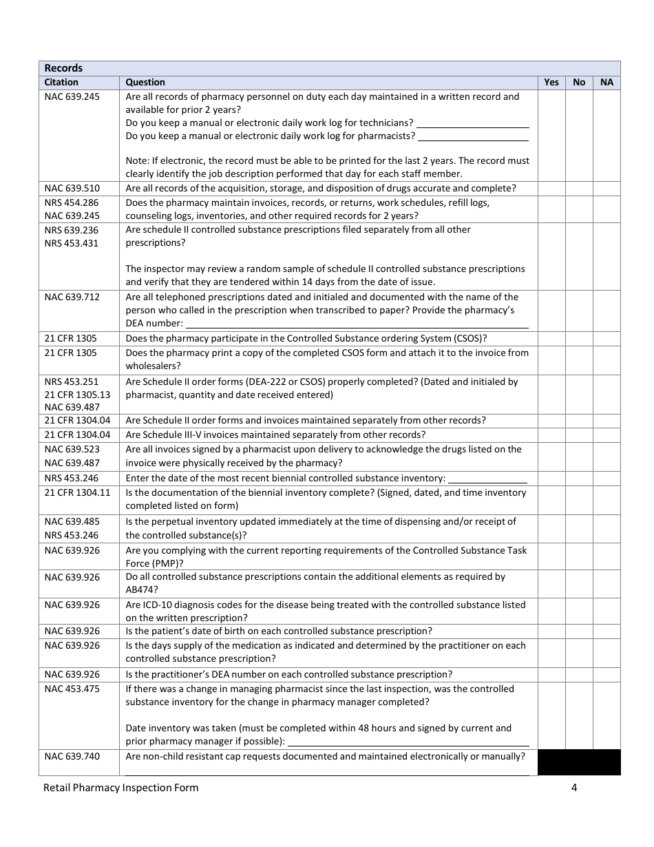 Retail Pharmacy Inspection Form - Nevada, Page 4
