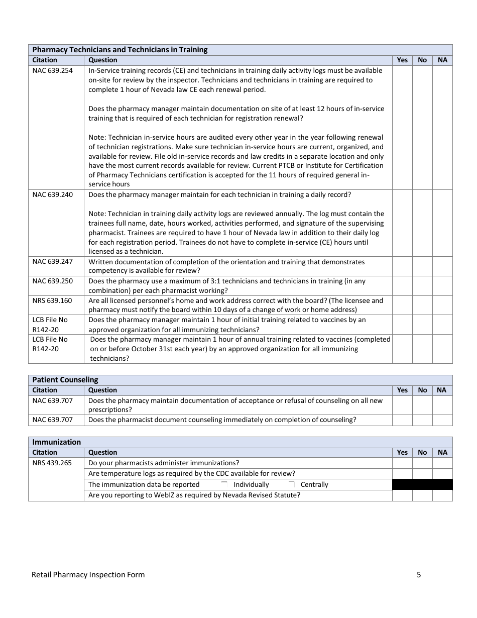 Retail Pharmacy Inspection Form - Nevada, Page 5