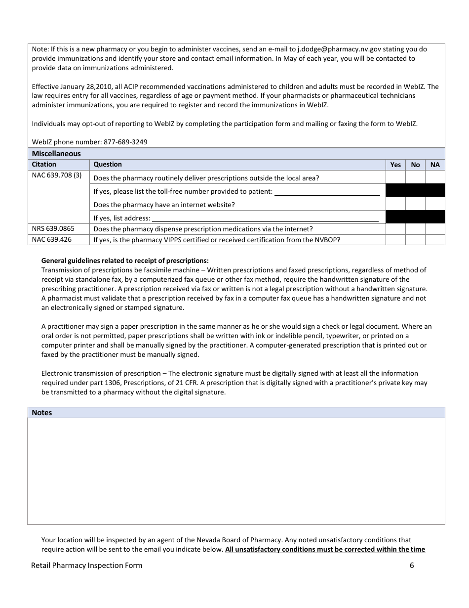 Retail Pharmacy Inspection Form - Nevada, Page 6