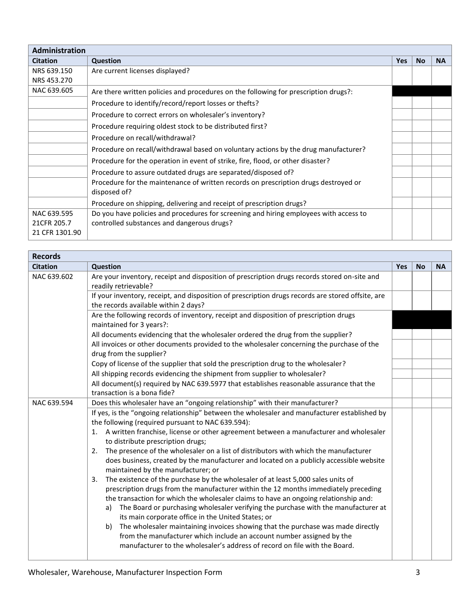 Wholesaler, Warehouse, Manufacturer Inspection Form - Nevada, Page 3
