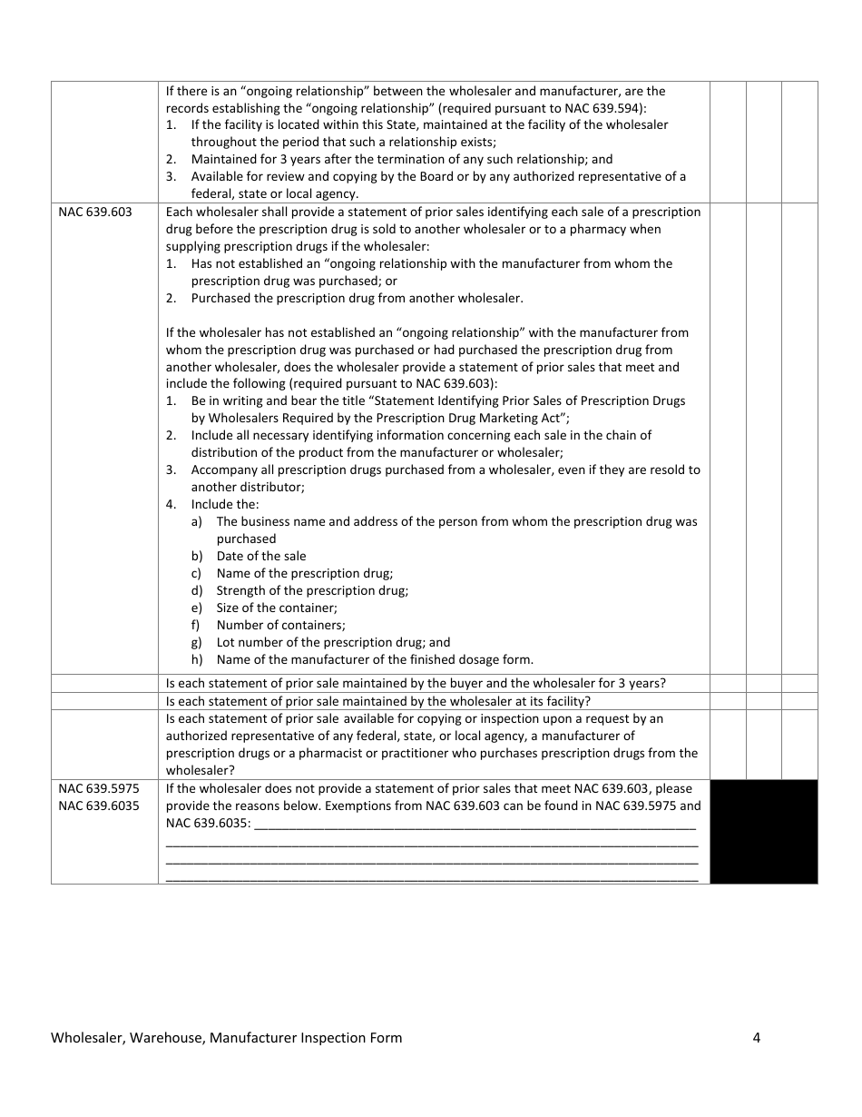 Wholesaler, Warehouse, Manufacturer Inspection Form - Nevada, Page 4