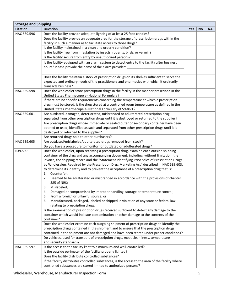 Wholesaler, Warehouse, Manufacturer Inspection Form - Nevada, Page 5