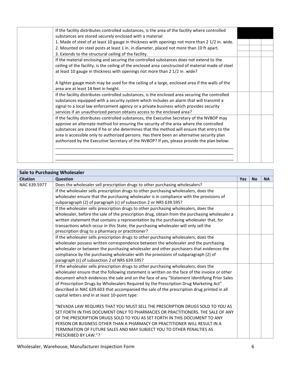 Wholesaler, Warehouse, Manufacturer Inspection Form - Nevada, Page 6