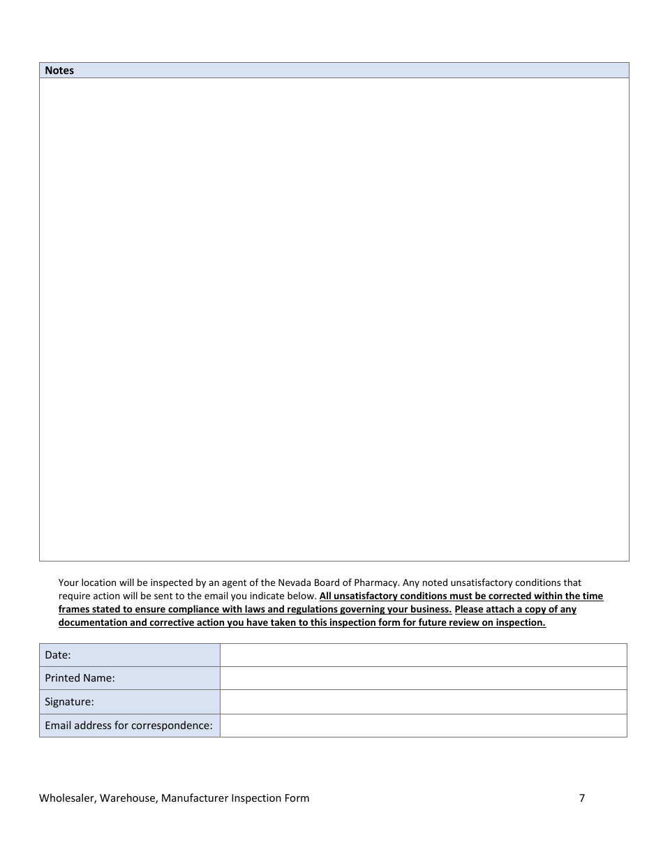 Wholesaler, Warehouse, Manufacturer Inspection Form - Nevada, Page 7