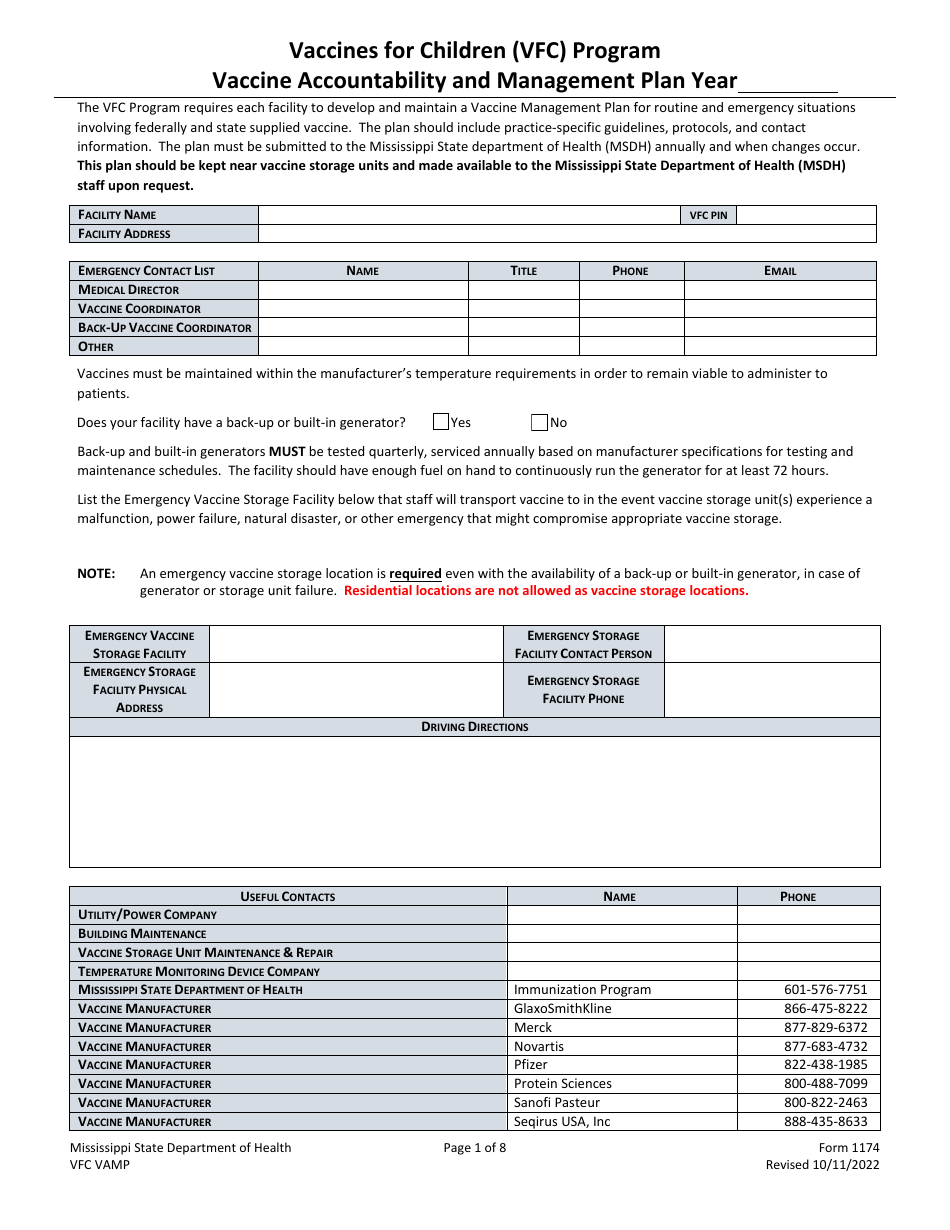 Form 1174 Vaccine Accountability and Management Plan Template - Vaccines for Children (Vfc) Program - Mississippi, Page 1